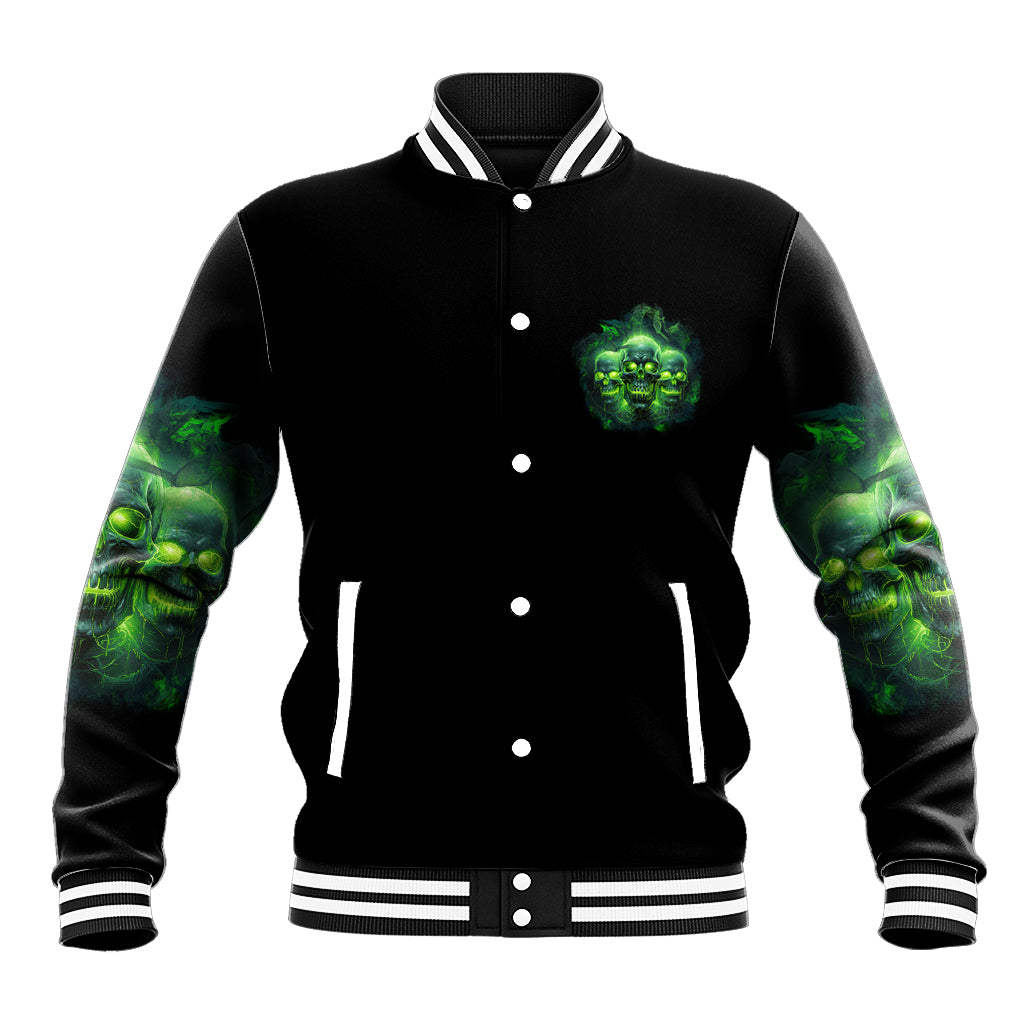 Black varsity baseball jacket with green skull chest patch and striped ribbed cuffs
