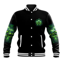 Black varsity baseball jacket with green skull chest patch and striped ribbed cuffs
