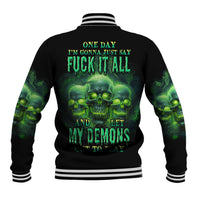 Black baseball jacket with green skull back graphic, striped ribbed collar and cuffs