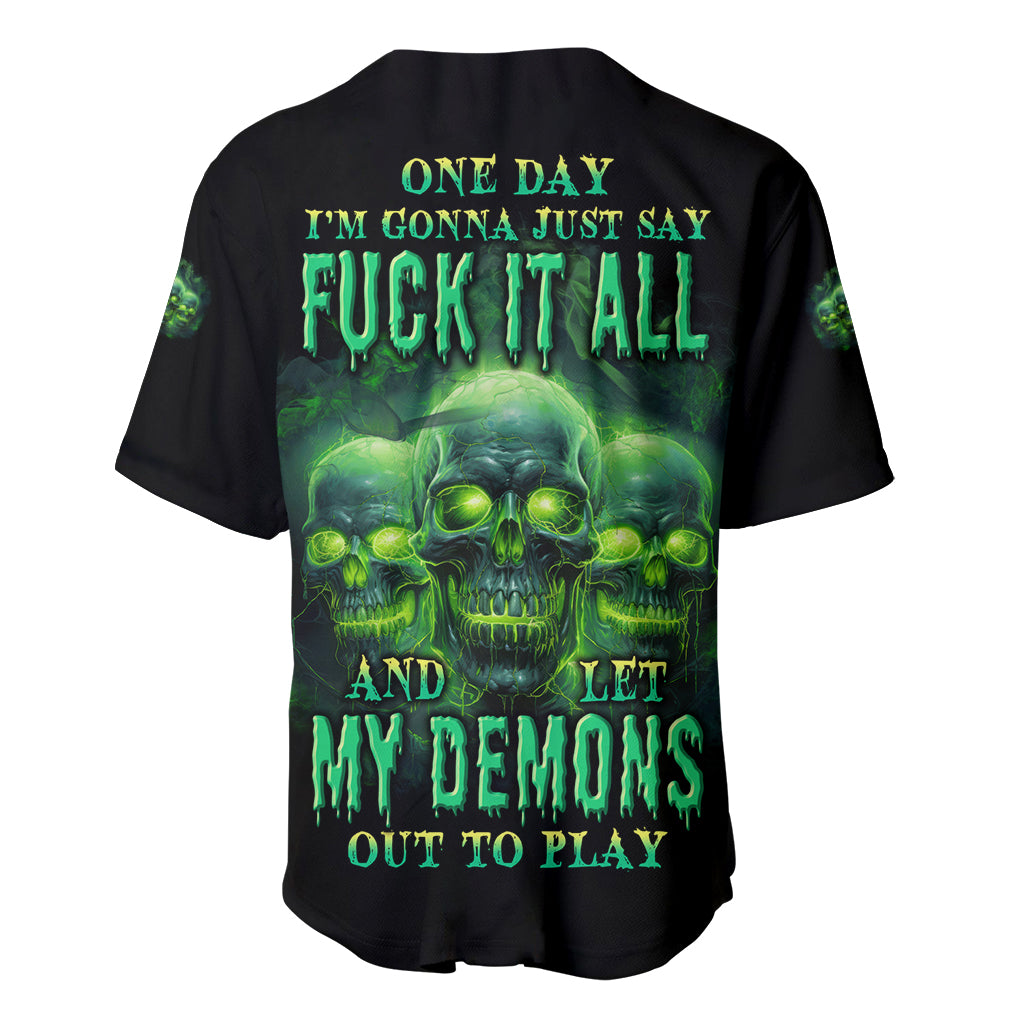 Black baseball jersey with green skull demon graphic on back, short sleeves