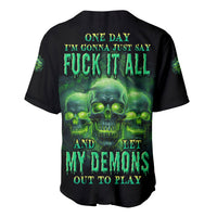 Black baseball jersey with green skull demon graphic on back, short sleeves