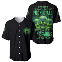 Two black baseball jerseys: front and back with green skull demon artwork