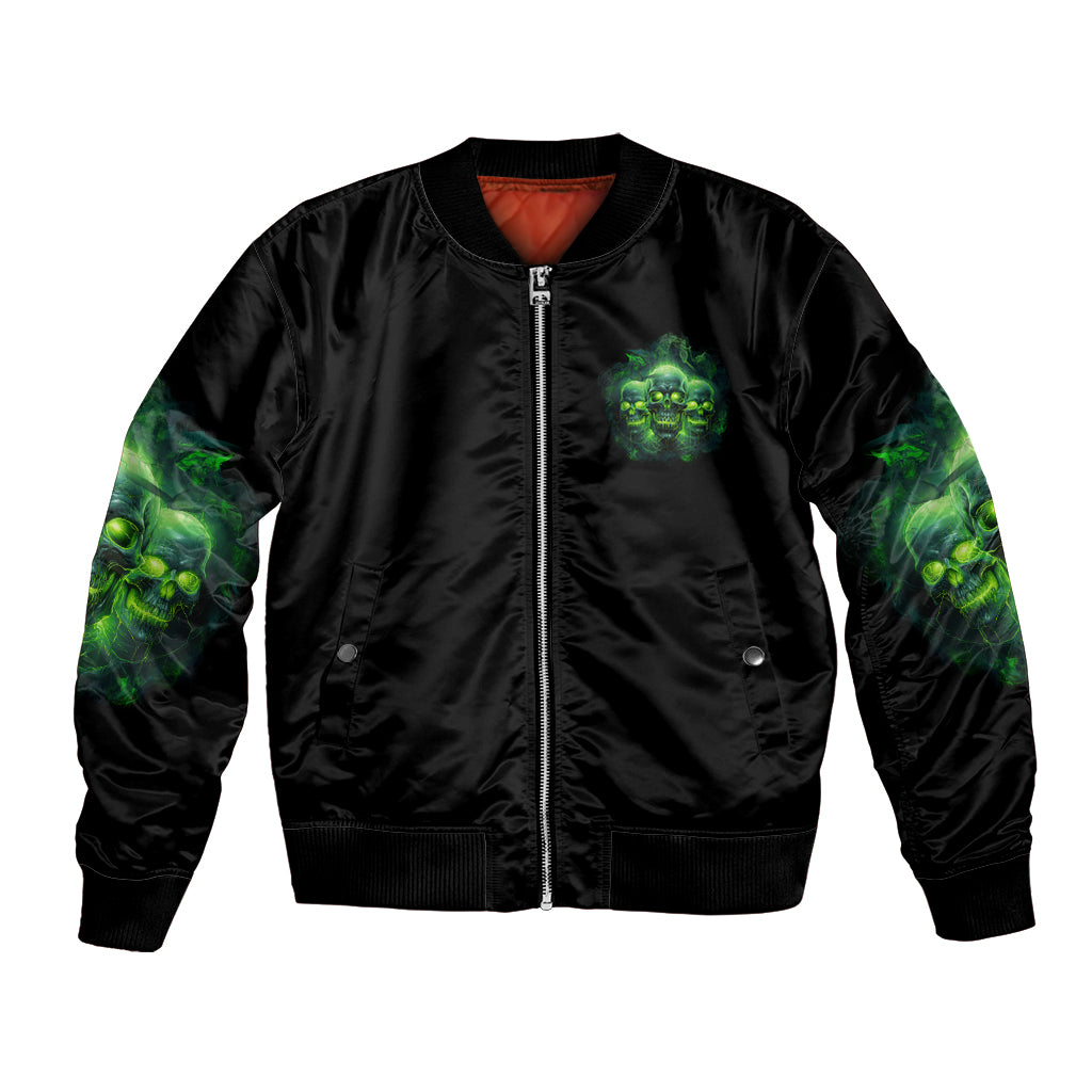 Black bomber jacket with front zipper and green skull graphic; ribbed cuffs and hem