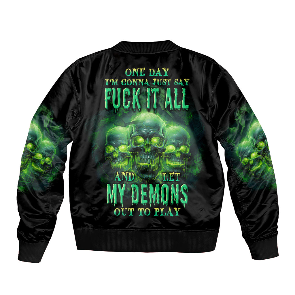 Black bomber jacket with green skull graphic on back and ribbed collar cuffs