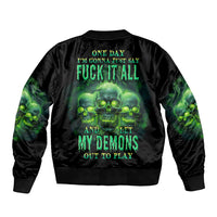 Black bomber jacket with green skull graphic on back and ribbed collar cuffs