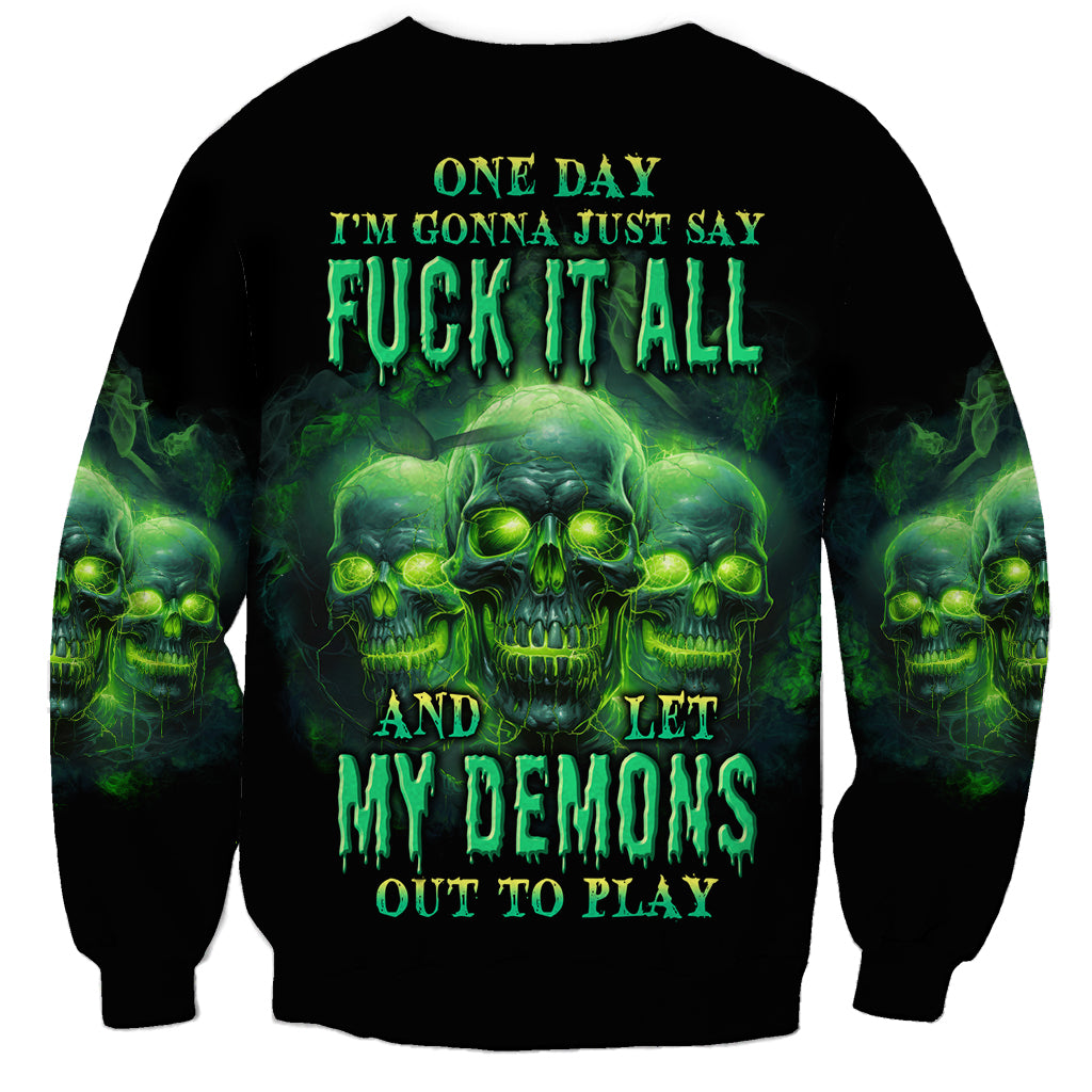 Unisex black sweatshirt with large green skull graphic and bold text across front