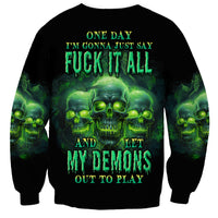 Unisex black sweatshirt with large green skull graphic and bold text across front