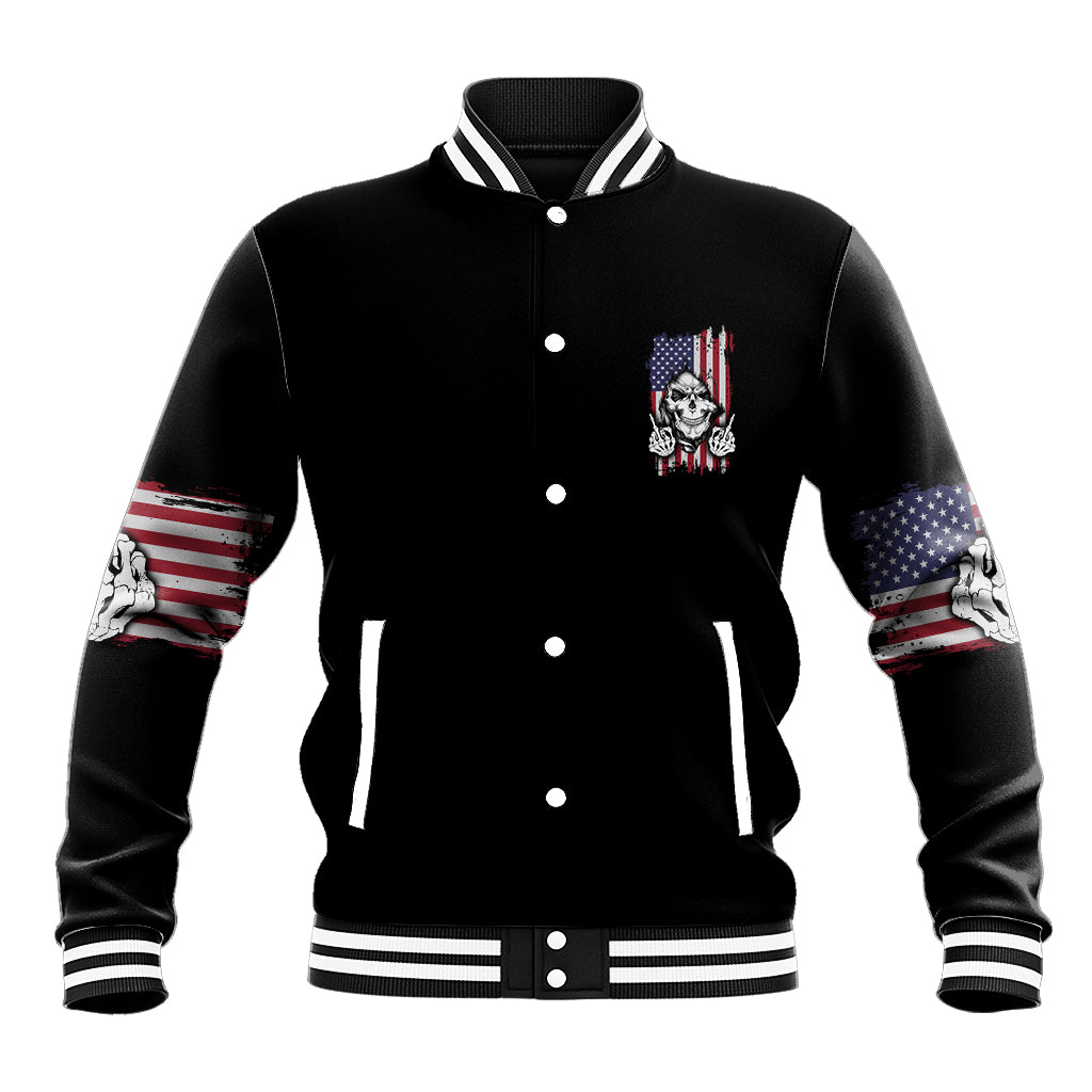 Black unisex varsity baseball jacket with chest crest, striped ribbed collar