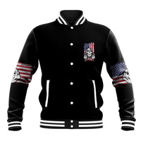 Black unisex varsity baseball jacket with chest crest, striped ribbed collar