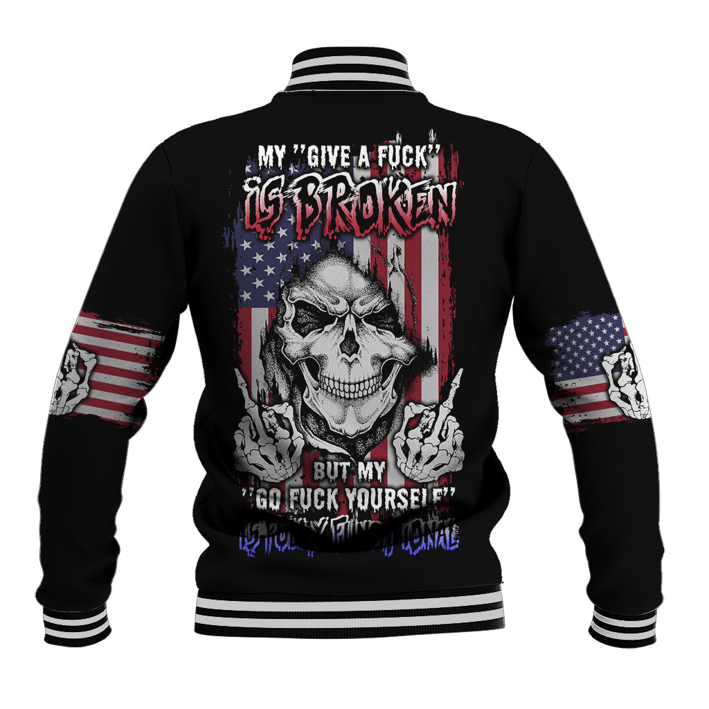 Black unisex baseball jacket with skull graphic and American flag sleeves