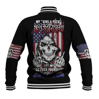 Black unisex baseball jacket with skull graphic and American flag sleeves