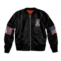 Unisex black bomber jacket with front zipper, skull patch, American flag sleeve prints