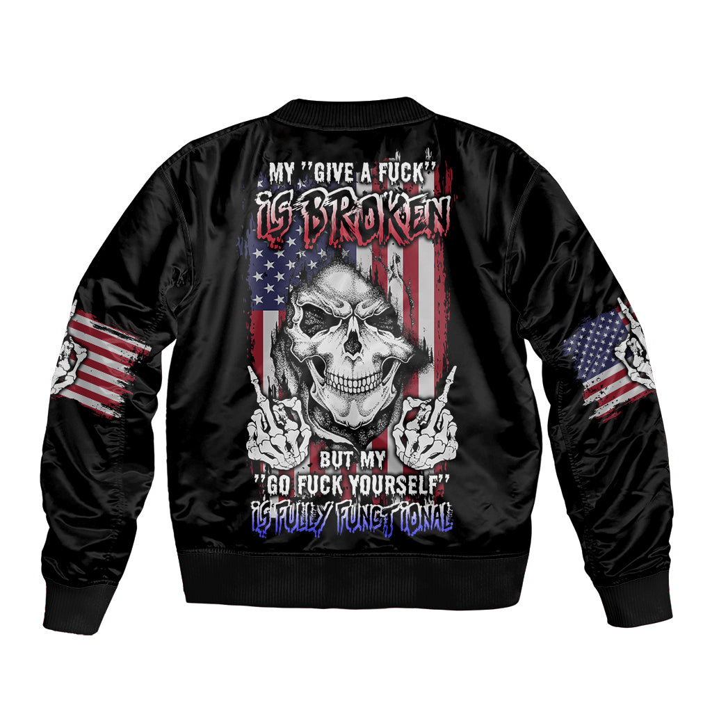 Unisex black bomber jacket with ribbed cuffs, back skull graphic, flag sleeve patches