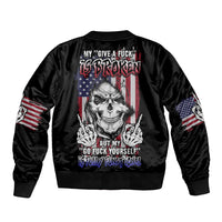 Unisex black bomber jacket with ribbed cuffs, back skull graphic, flag sleeve patches