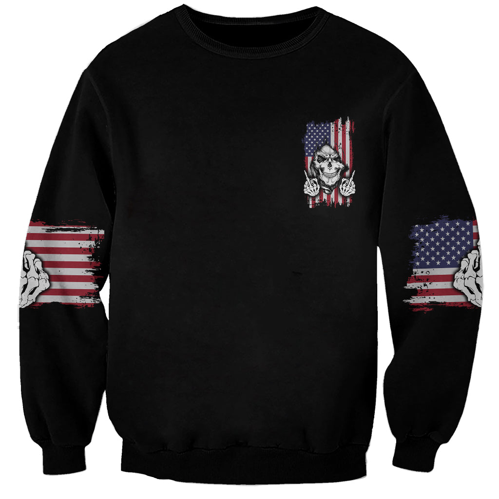 Black unisex sweatshirt with small skull and American flag graphic on rear
