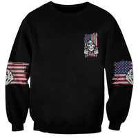 Black unisex sweatshirt with small skull and American flag graphic on rear