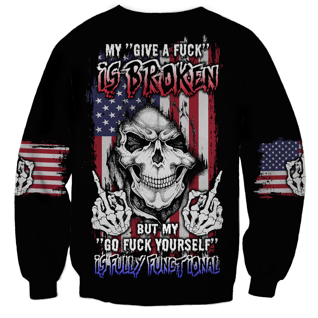 Black unisex sweatshirt with large skull, hands, and flag graphic on front