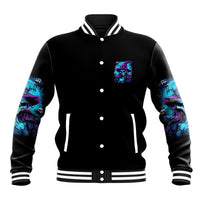 Black Halloween baseball jacket, front snap buttons and purple-blue witch emblem, striped trim