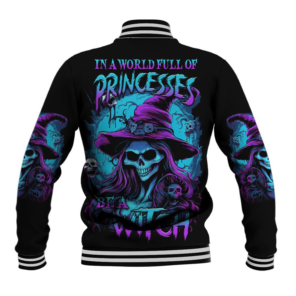 Black Halloween baseball jacket with purple and blue witch skull graphic, striped cuffs
