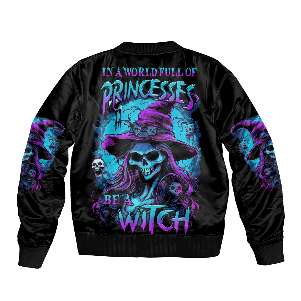 Black Halloween bomber jacket with purple witch, skull, and 'Be a Witch' graphic