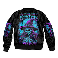 Black Halloween bomber jacket with purple witch, skull, and 'Be a Witch' graphic