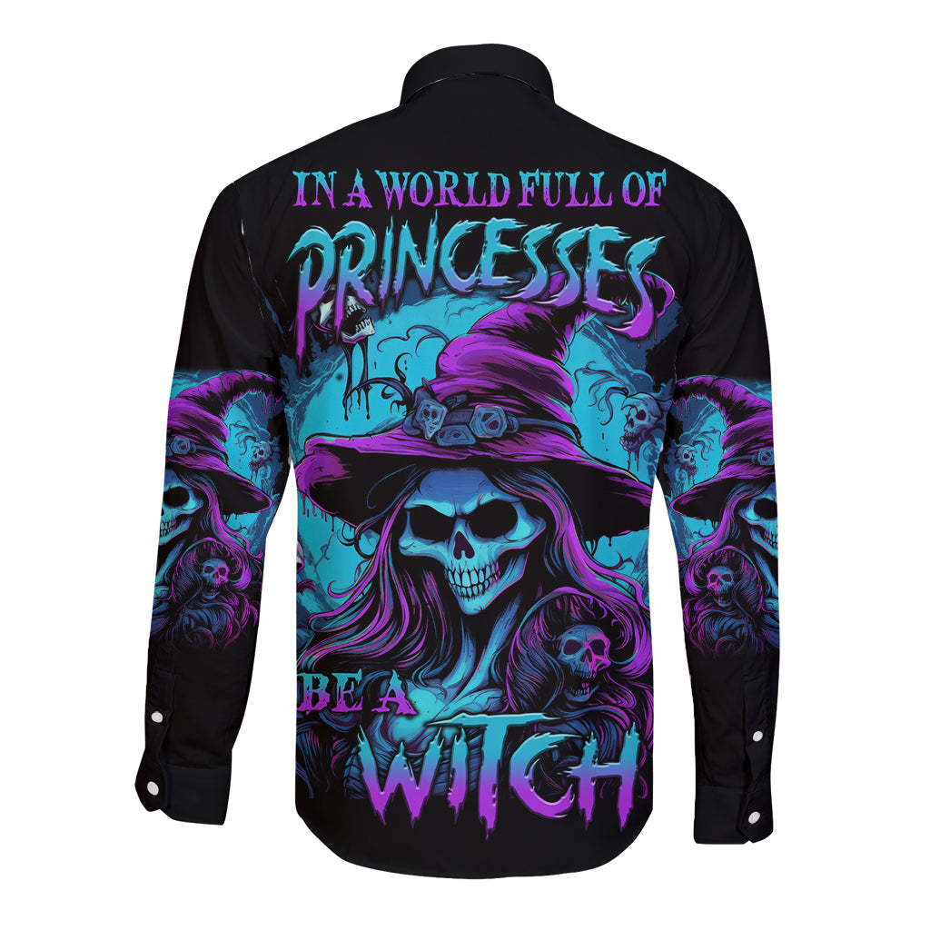 Unisex Halloween long-sleeve button shirt with witch skull back graphic, dark black