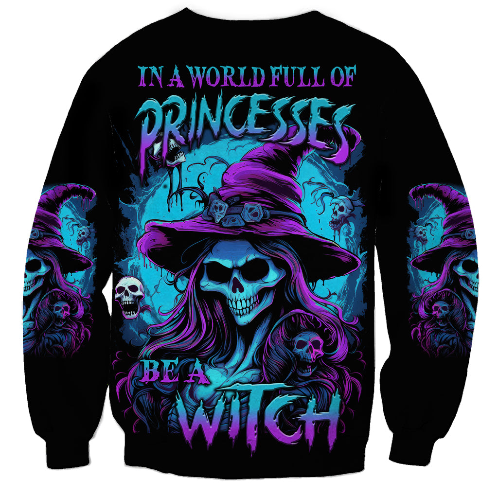 Black sweatshirt with multicolor witch and skull graphic on front