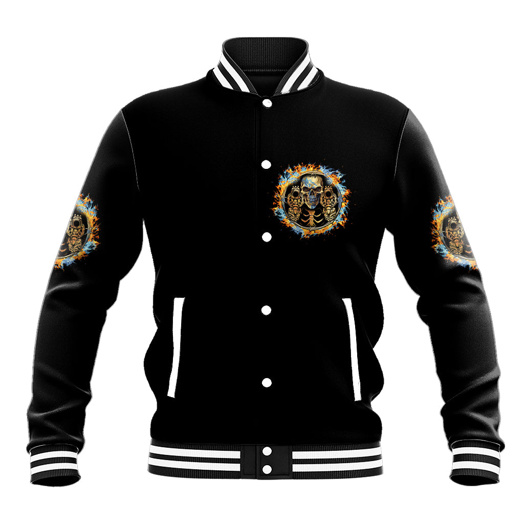 Black varsity baseball jacket with front skull emblem, button front, and striped cuffs