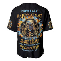 Black baseball jersey with large back skull graphic and colorful sleeve art
