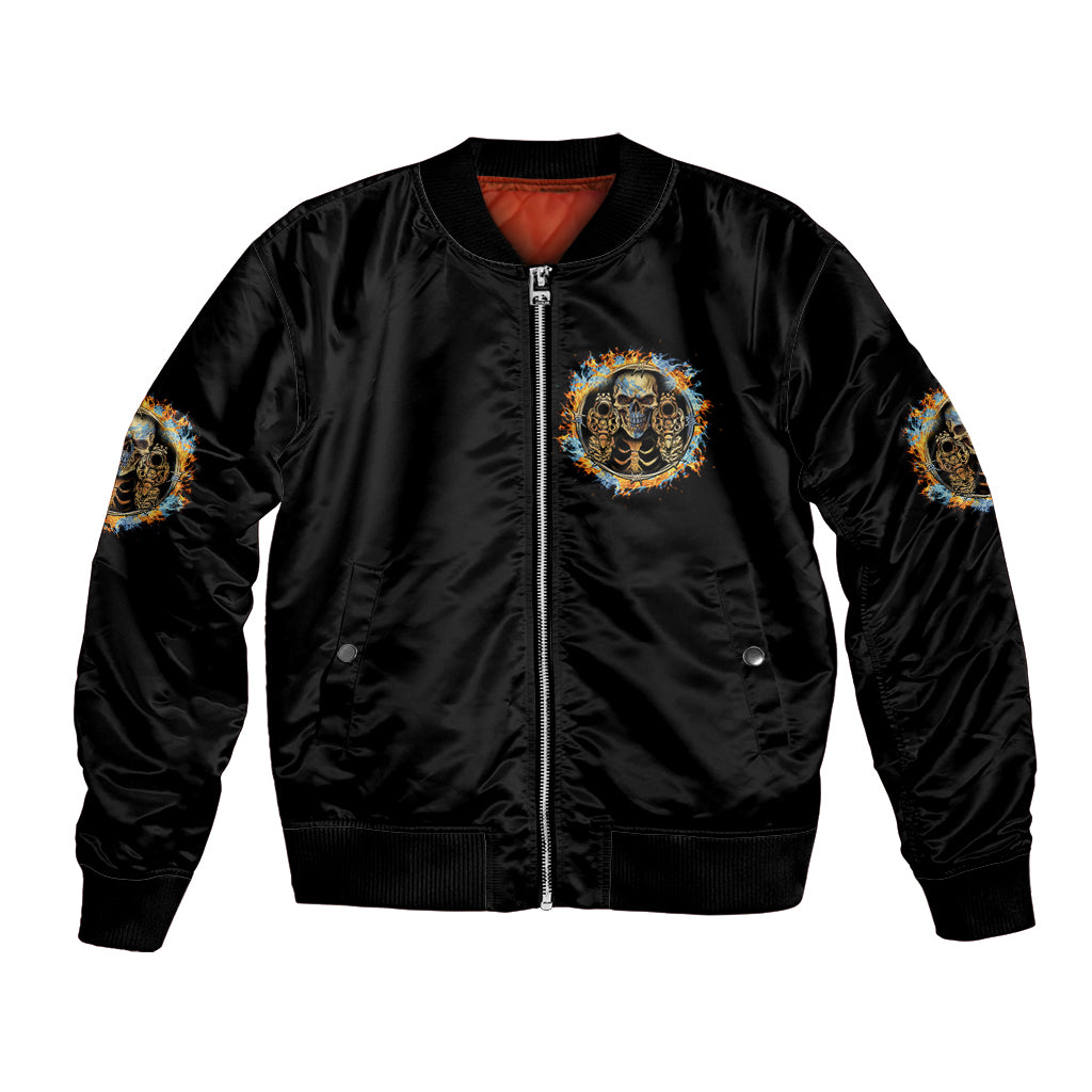 Black bomber jacket with skull flame logo on chest, front zipper, ribbed cuffs