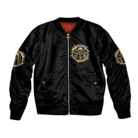 Black bomber jacket with skull flame logo on chest, front zipper, ribbed cuffs