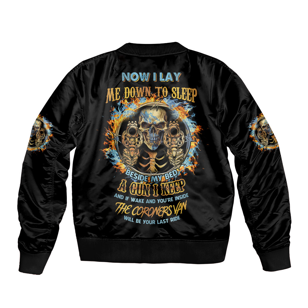 Black bomber jacket with skull flames back graphic, ribbed cuffs and hem