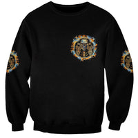 Unisex black sweatshirt with small central skull graphic and flame sleeve accents