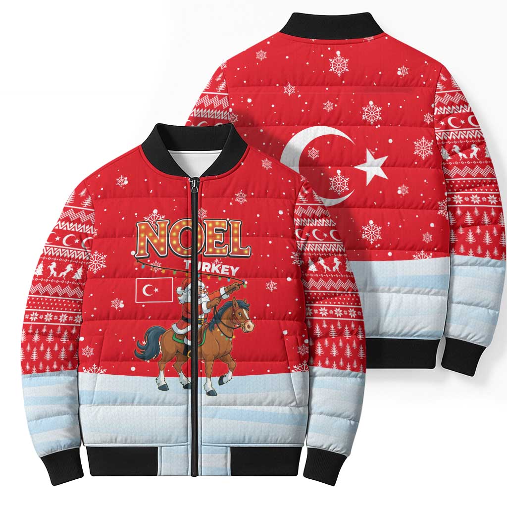 Turkey Christmas Bomber Puffer Jacket with Santa on Horse Red Snowflake Pattern and Crescent Star - Wonder Print Shop