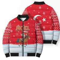 Turkey Christmas Bomber Puffer Jacket with Santa on Horse Red Snowflake Pattern and Crescent Star - Wonder Print Shop