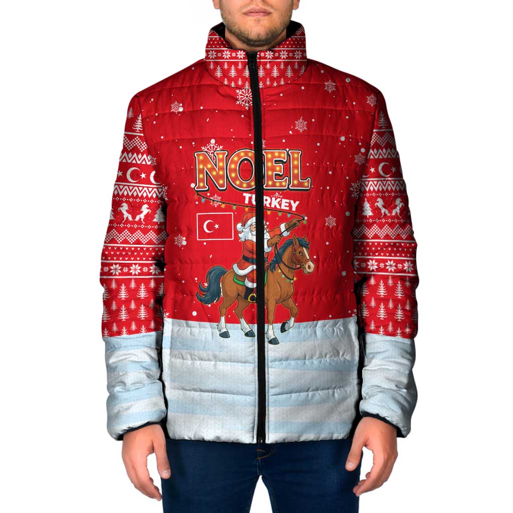 Turkey Christmas Padded Jacket with Santa on Horse Red Snowflake Pattern and Crescent Star - Wonder Print Shop