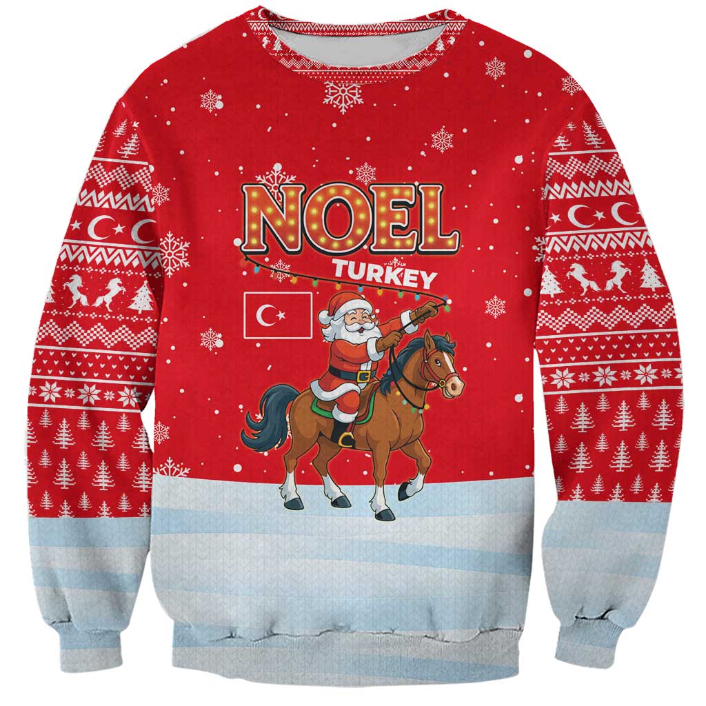 Turkey Christmas Sweatshirt with Santa on Horse Red Snowflake Pattern and Crescent Star - Wonder Print Shop
