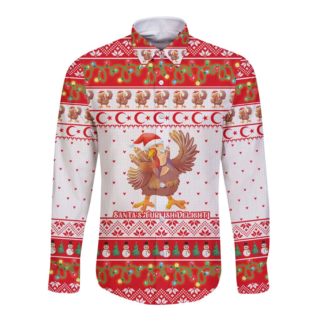 Turkey Christmas Long Sleeve Button Shirt with Santa Turkey Red Crescent Pattern Snowmen and Festive Lights - Wonder Print Shop
