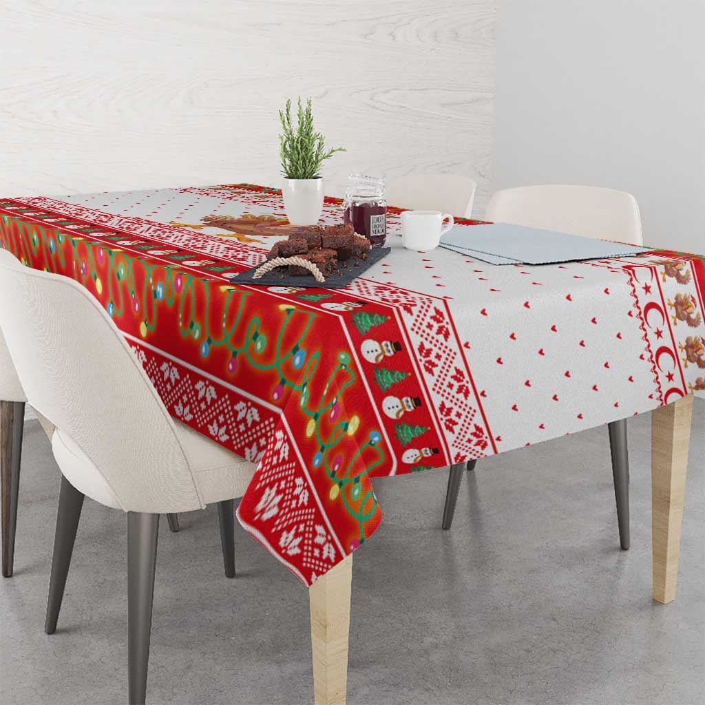 Turkey Christmas Tablecloth with Santa Turkey Red Crescent Pattern Snowmen and Festive Lights - Wonder Print Shop