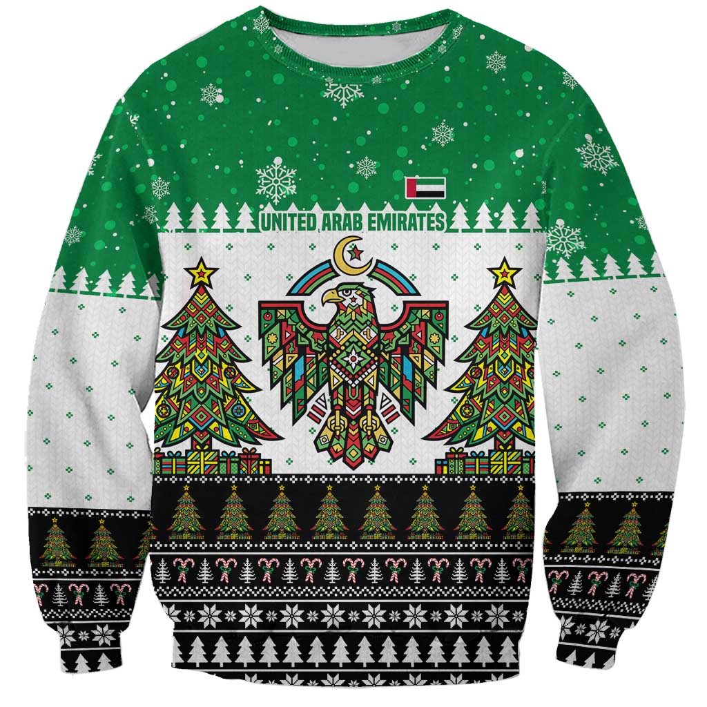United Arab Emirates Christmas Sweatshirt with Falcon Tree Design Snowflake Pattern and National Emblem - Wonder Print Shop