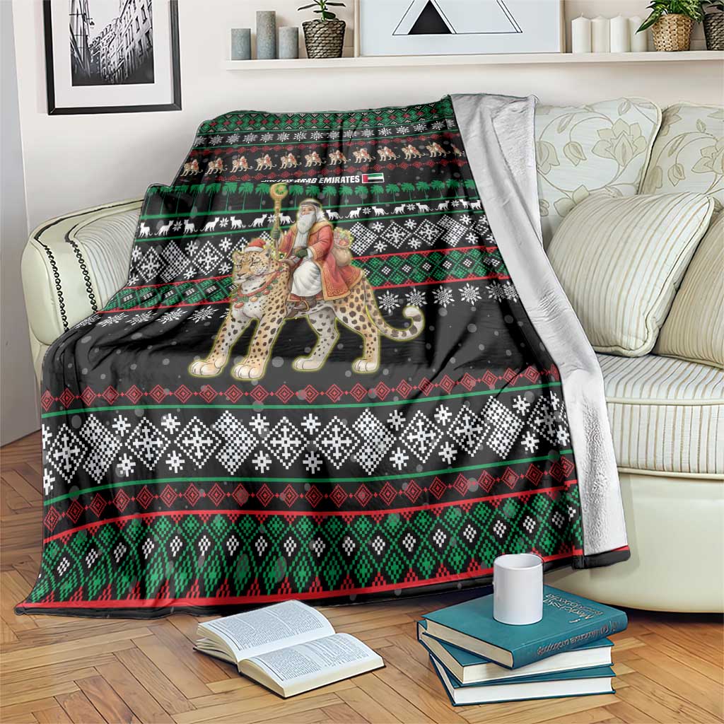 United Arab Emirates Christmas Blanket with Santa Riding Cheetah Black Snowflake Pattern and Palm Tree - Wonder Print Shop