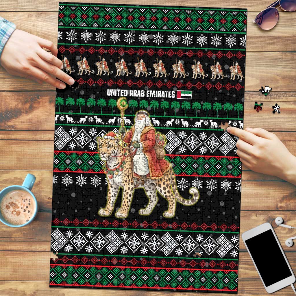 United Arab Emirates Christmas Puzzle with Santa Riding Cheetah Black Snowflake Pattern and Palm Tree - Wonder Print Shop