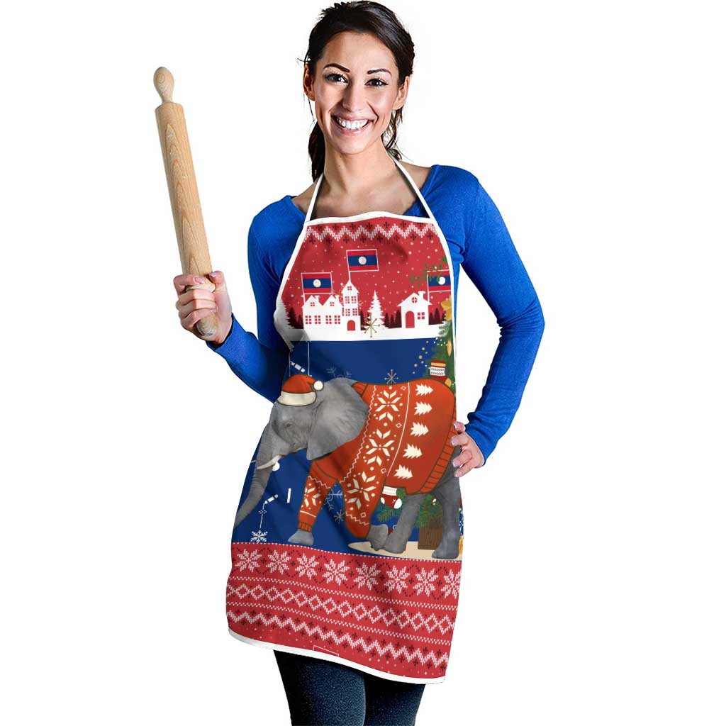 Laos Christmas Apron with Festive Elephant Design and Holiday Village Pattern - Wonder Print Shop