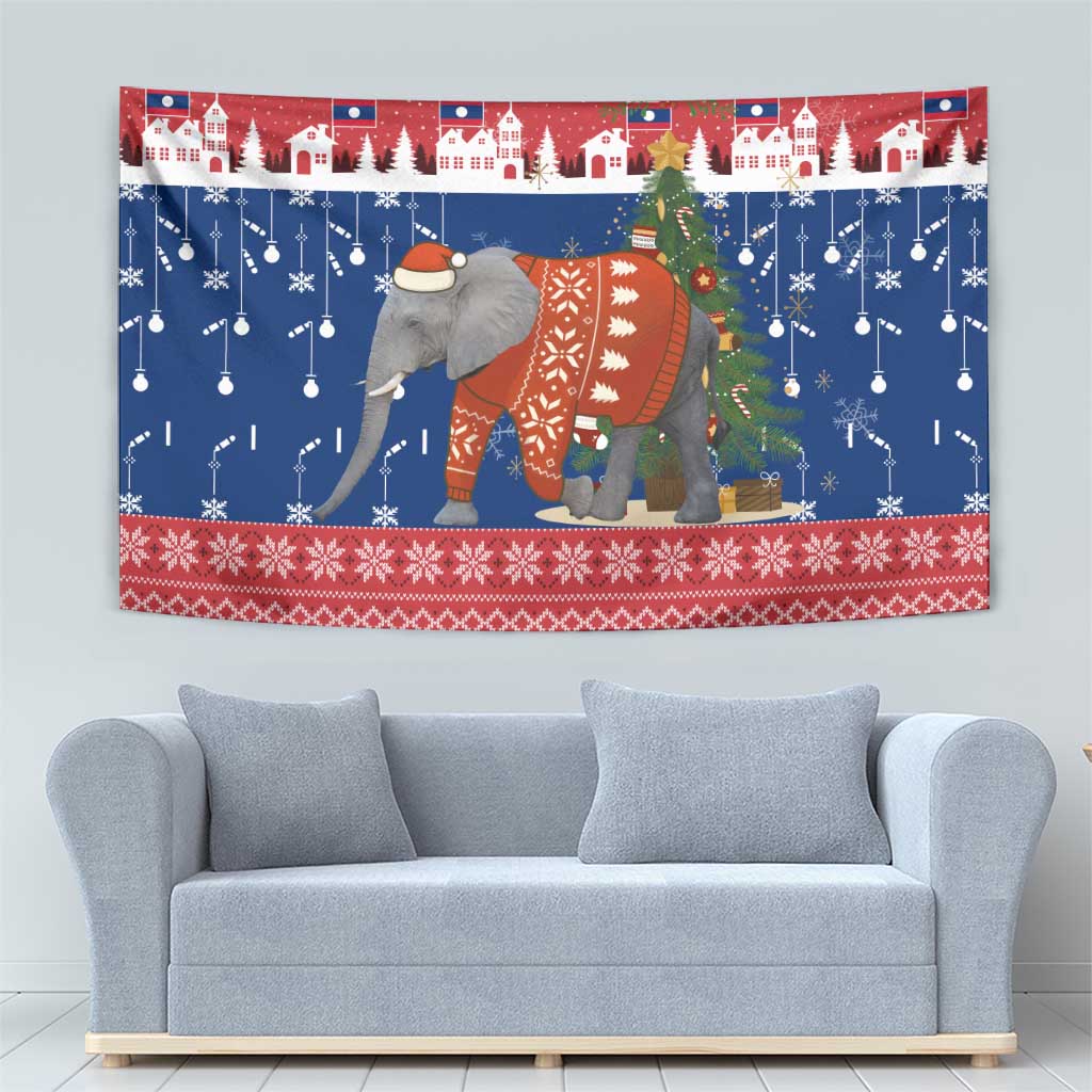 Laos Christmas Tapestry with Festive Elephant Design and Holiday Village Pattern - Wonder Print Shop