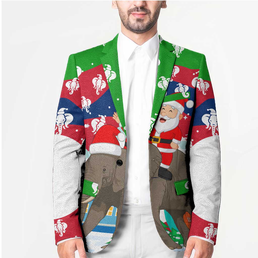Laos Christmas Blazer with Santa Riding Elephant and Festive Flag Pattern - Wonder Print Shop