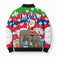 Laos Christmas Bomber Puffer Jacket with Santa Riding Elephant and Festive Flag Pattern - Wonder Print Shop