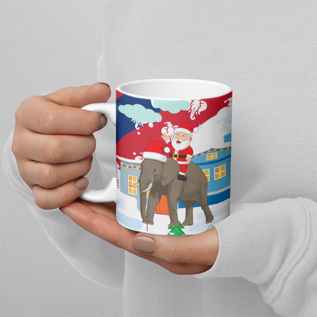 Laos Christmas Ceramic Mug with Santa Riding Elephant and Festive Flag Pattern - Wonder Print Shop