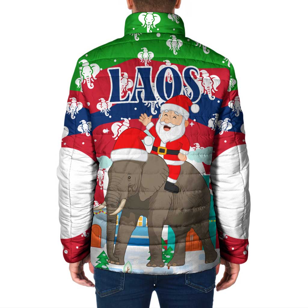 Laos Christmas Padded Jacket with Santa Riding Elephant and Festive Flag Pattern - Wonder Print Shop