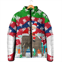Laos Christmas Padded Jacket with Santa Riding Elephant and Festive Flag Pattern - Wonder Print Shop