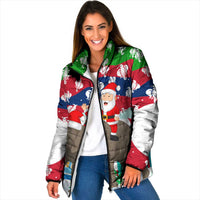 Laos Christmas Padded Jacket with Santa Riding Elephant and Festive Flag Pattern - Wonder Print Shop